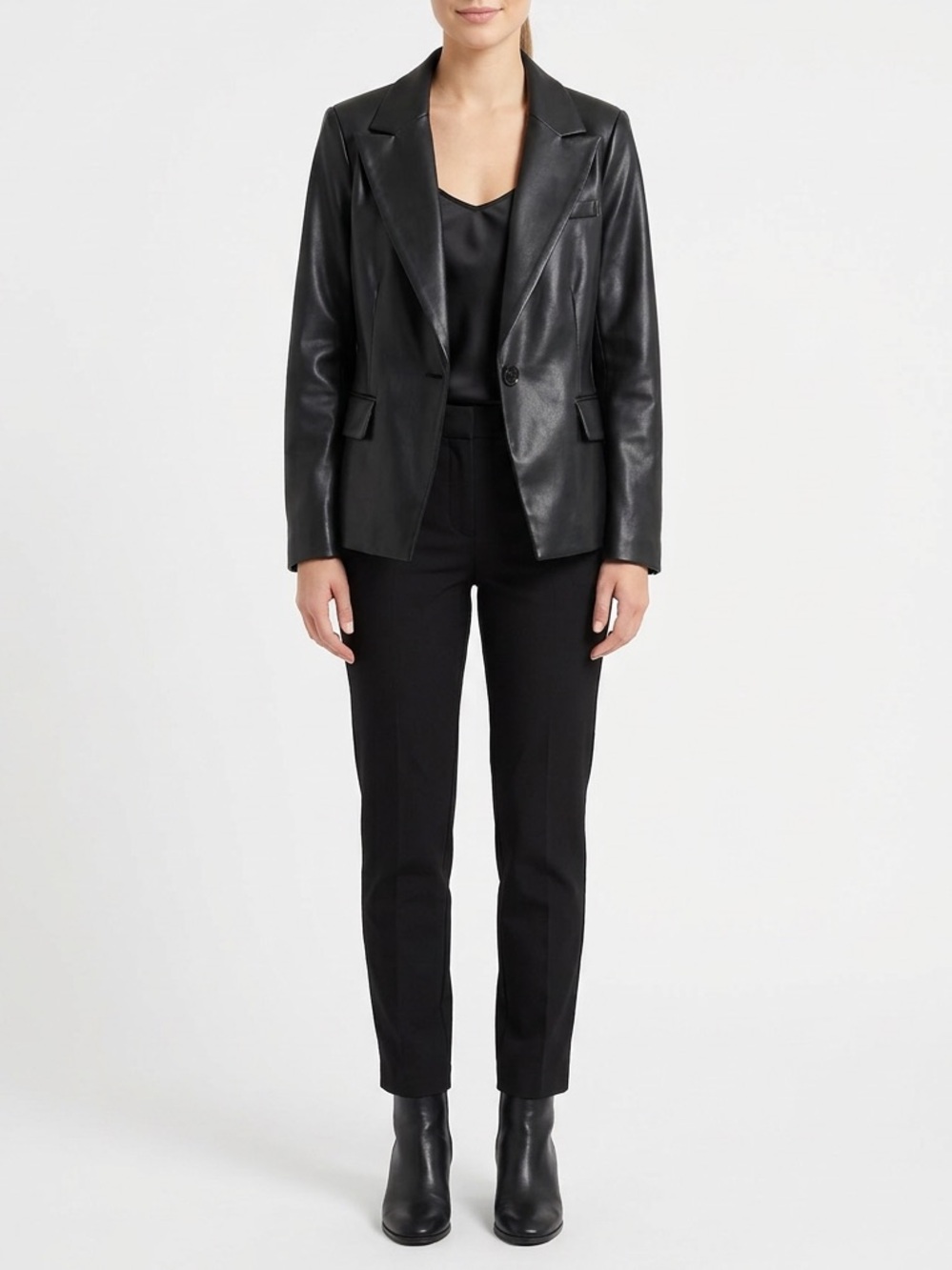 BCBGMaxAzria Black Tailored Faux / Vegan Leather Blazer | Single Button | Sz M
